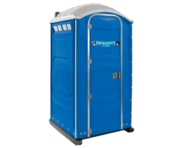 The standard, blue portable toilet with a white roof and the label "porta potty dogs" on the door.
